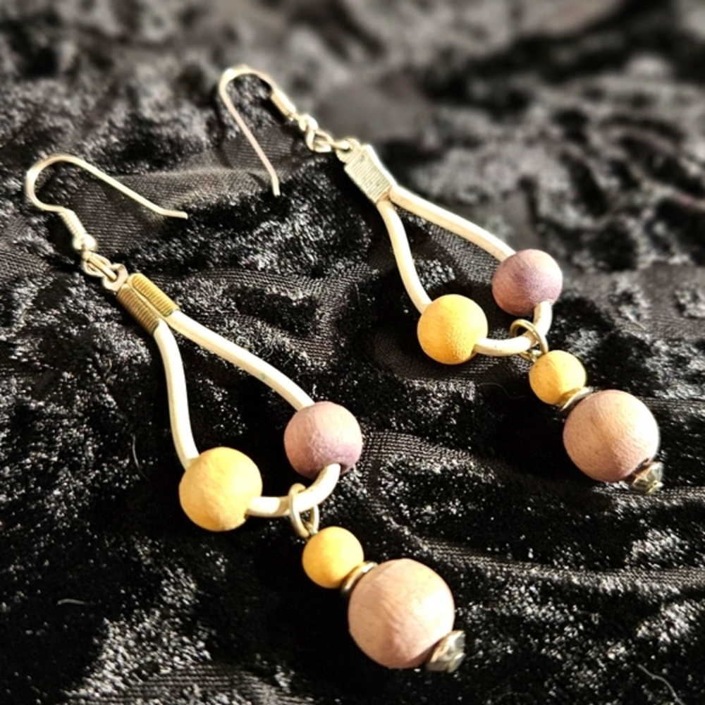 3 Inch Dangle Earrings with Wood Beads - Picture 2 of 4